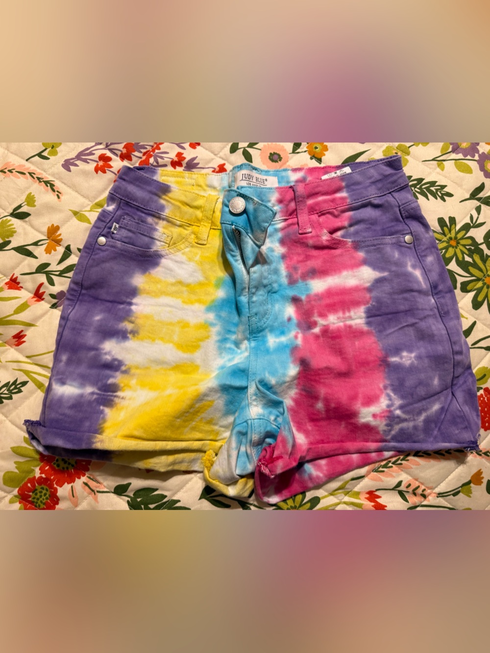 Judy Blue women’s Tie-Dye Denim Shorts - Purple, Yellow, Blue, Pink